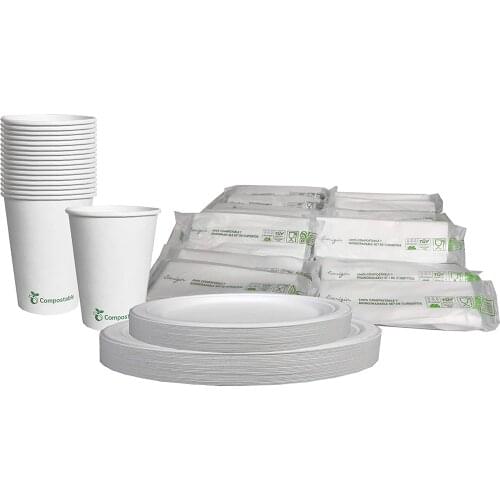 Ecorigin disposable tableware for 50 people. The Set includes plates, glasses, cutlery and napkins. All products are bio