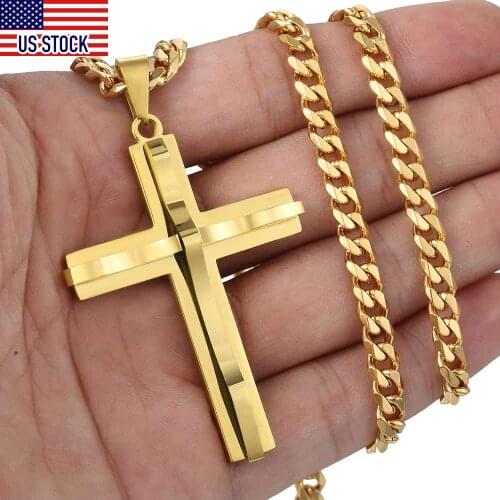 Gold Silver Color Cross Pendant Necklace For Men Stainless Steel Pendant Necklace Men Jewelry Wholesale US Stock KP602AA