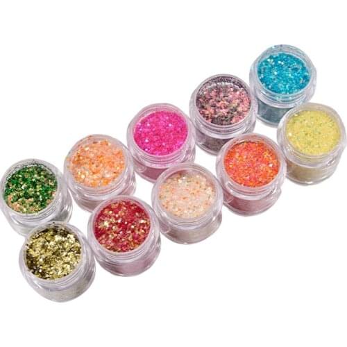 10ML/Box Nail Art Mixed-Size Flake Powder Hexagon Iridescent Chunky Hexagon Sequins Broken Flake For Manicure Glitter Nail Flake