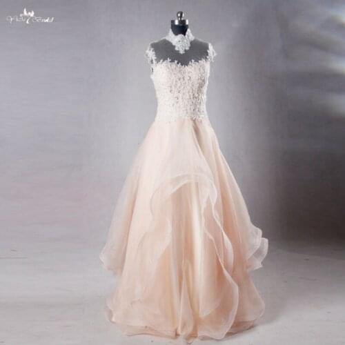 RSE703 High Neck Sexy Lace Backless Blush Pink Organza Wedding Dresses