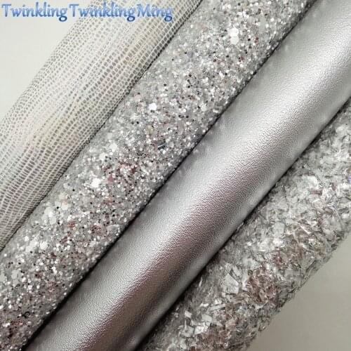 SILVER Glitter Fabric, Metallic Faux Fabric, Iridescent Synthetic Leather Fabric Sheets For Bow A4 21x29CM Twinkling Ming XM782