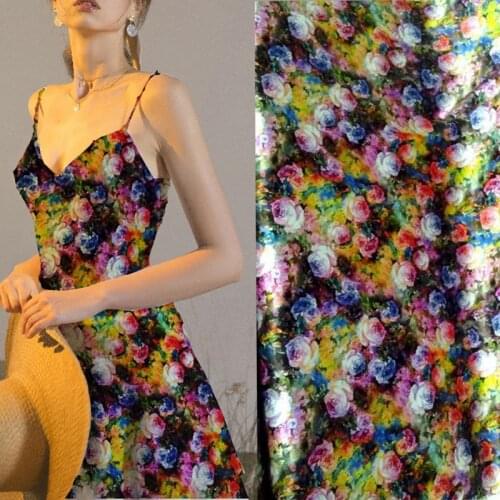 Silks Japanese Fabrics 19mm Stretch Satin Silk Fabric Dress Tecidos Tela Negra Stoff Printed Rose Floral Fabric Tissus Au Metre