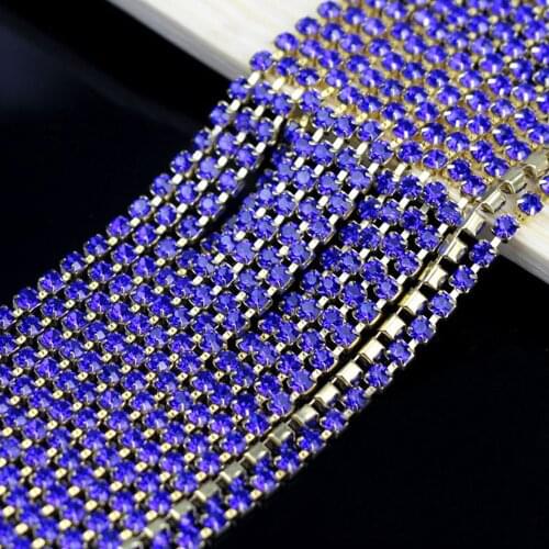 SS6 SS8 SS12 SS16 1meter Crystal AB High Density blue Sew On Rhinestones Cup Chain Rhinestones Trim Gold Claw For Clothes