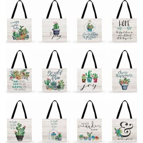 Women Casual Tote Fresh Succulents Cactus Plant Printed Tote Bag Ladies Shoulder Bag Foldable Shopping Bag Outdoor Beach Bags