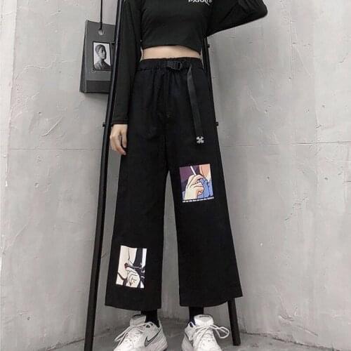 Streetwear Women Loose Elegant Wide Leg Pants Women Korean Harajuku Trousers Cartoon Pantalon Femme Palazzo Pants With Belt