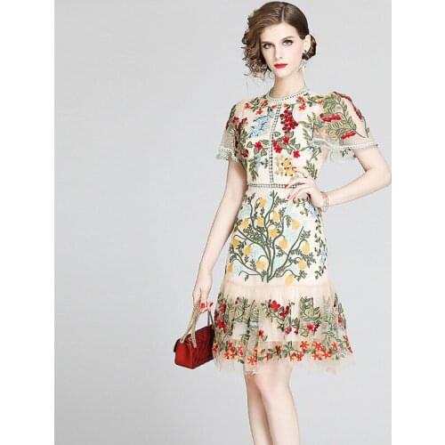 Vintage Floral Embroidery Lace Mesh Dress Women Short Sleeve Mini Dress Sweet Ruffle Party Sundress