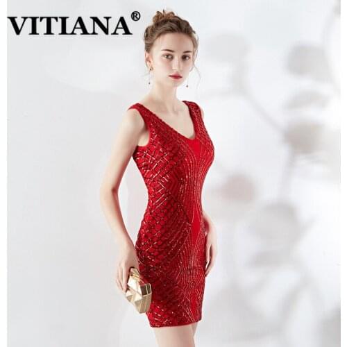 VITIANA WomenSexy Party Pencil Dress Female Sleeveless Host Elegant Bodycon Mini Dresses Femme Gold Club Noble Banquet Vestidos