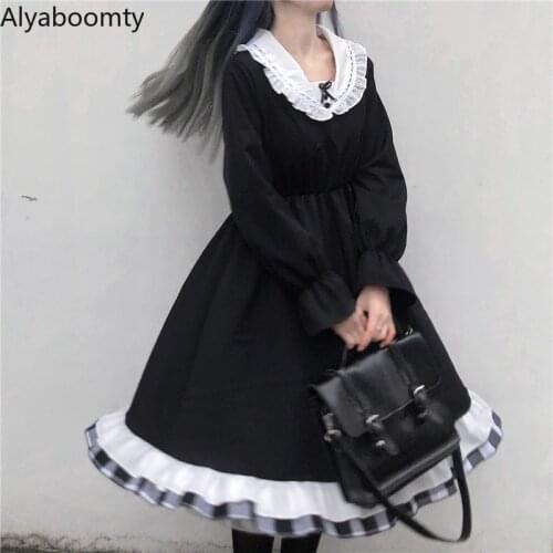 Japanese Harajuku Women Black Gothic Dress Sailor Collar Bow High Waist Female Dress Patchwork Plaid Ruffles Kawaii Lolita Dress
