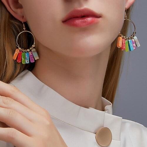 Women Bohemian Seven Chakra Colored Stone Alloy Earrings Ear Loop Jewelry Gift