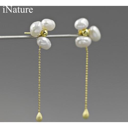 INATURE Vintage 925 Sterling Silver Long Tassel Drop Earrings For Women Natural Baroque Pearl Flower Earring Fashion Jewelry