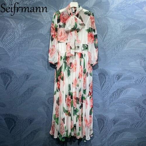 Seifrmann New 2021 Summer Women Fashion Runway Beach Holiday Dress Lantern Sleeve Bow High Waist Floral Printed Ladies Dresses