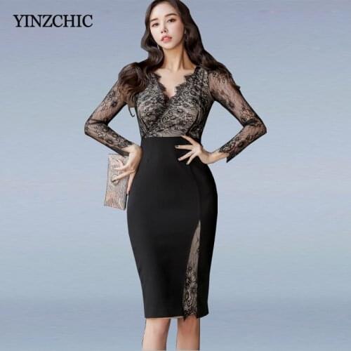 Spring New OL Slim Pencil Dress V-neck Lace Patched Female Elegant Office Dresses Full Sleeve Knee-legnth Dress Party for Woman