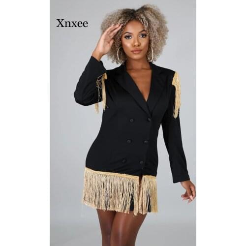 Black office mini Dress tassel notched sexy formal gold silver long Solid Tassel Spring Office Lady Mini Dress Vestidos autumn