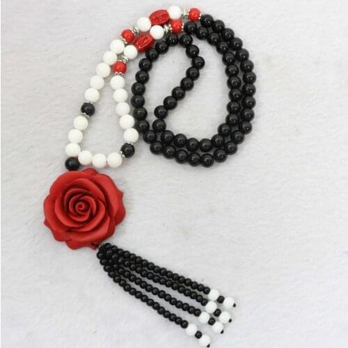 8mm black agat stone onyx round beads 20*46mm red cinnabar flower pendant women handmade long chain necklace 36inch B960