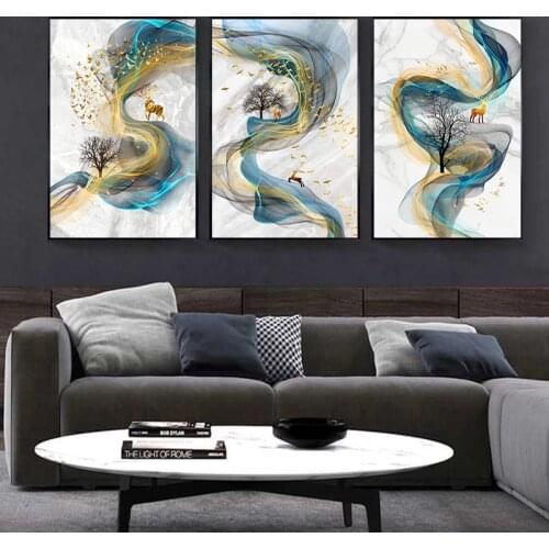 Abstract Golden Deer Luxury Poster Canvas Painting Marbling Ribbon Picture Home Decor Wall Art Nordic Print for Living Room