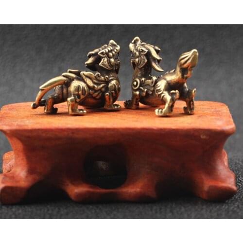 Antique Copper Chinese Mythical Beast Pixiu Miniature Figurines 1 Pair Ornaments Brass Lucky Animal Qi Lin Desktop Decorations