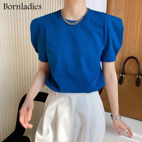 Bornladies Chic O-neck Puff Sleeve Women T-shirt 2021 Summer Short Sleeve Loose Female Basic Tops Shirt Girls Tees 100% Cotton