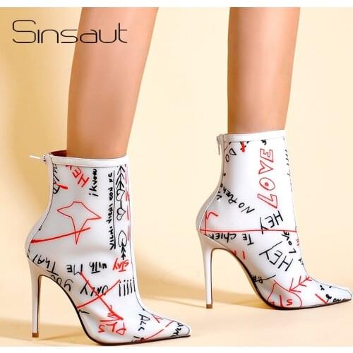 Sinsaut Ankle Boots for Women Autumn High Heel Perspex Shoes Clear PVC Letter Graffiti Letters Women Ankle Boots White