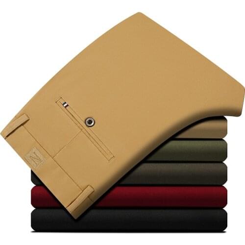 2019 Spring Summer Men Cotton Casual Classic Dress Pants Business Stretch Straight Fit Khaki Formal Trousers Male Long Pant Work