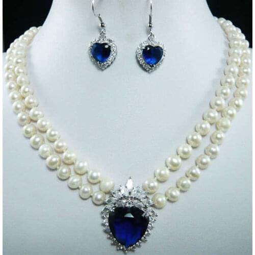Brand New High Quality Fashion Picture 7-8mm Natural White Pearl Blue Crystal Pendant Necklace + Earrings Set Jewelry jade cryst