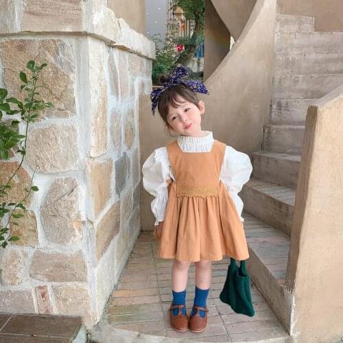 Childrens Dress Autumn 2021 Cute Korean Embroidery Mori Girl Dress Childrens Cotton Hemp Vest Solid Color Dress Girls Clothes