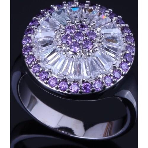 Fancy Round Purple Cubic Zirconia White CZ Silver Plated Ring V0480