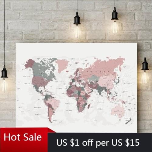World Map Canvas Painting Blush Pink & Hunter Green Map of the World Poster Room Decor Modern Wall Art Decor Picture