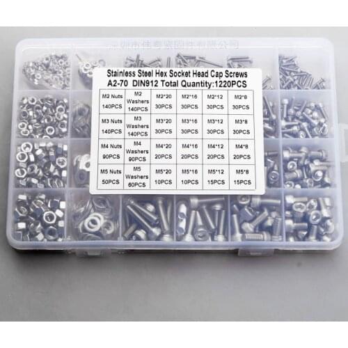 Cup Head Allen Bolt Hex Socket Round Cap Head Screw And Nut Assortment Kit Set M2 M3 M4 304 Stainless Steel Set 1220 pcs