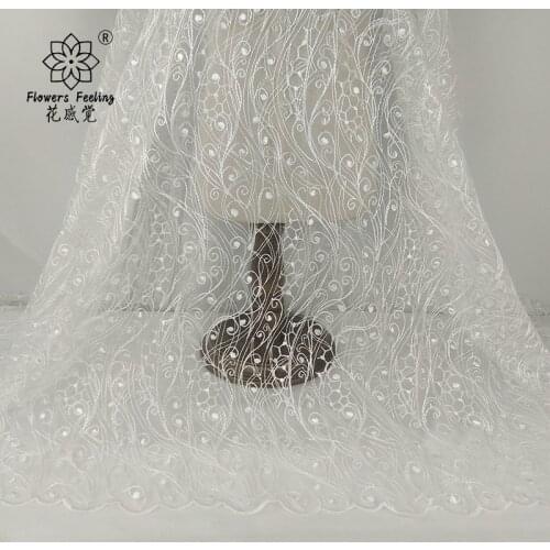 New white polyester embroidery rib mesh tulle lace fabric diy wedding evening dress fabric 1yard