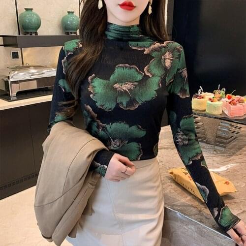 Fall clothes long sleeve turtleneck top retro printing t-shirt women slim stretchy tee casual women clothing winter bottoming