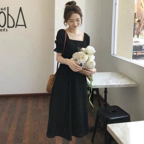 Dress Women Simple Slim Solid Square Collar Summer Dresses Womens A-line Fashion Temperament Casual Vintage Maxi Streetwear Chic
