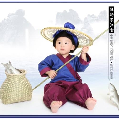 Fishing in Snowy River Alone Baby Boy Fishermans Costume Ancient Chinese Poem or Story Thematic Costume Hanfu 90-135cmH