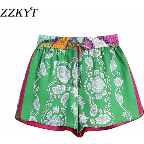 2021 Women Summer Vintage Patchwork Print Sweatpants Shorts Fashion Elastic Waist Bow Tie Female Casual Casual Short Mujer