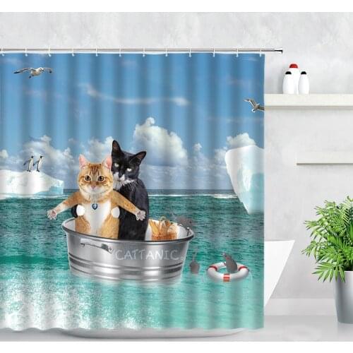 Cute Cats Shower Curtains Ocean Drifting Penguin Mouse Dog Creative Printing Children Bathroom Decor Waterproof Bath Curtain Set
