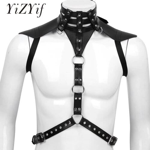 YiZYiF Harness Men chest bondage Bust Faux Leather Halter Neck Adjustable Buckles Body Chest Harness Belt Fancy Costume Straps
