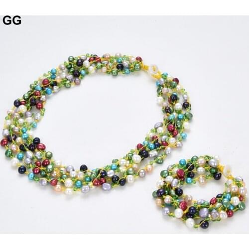 GuaiGuai Jewelry Natural Freshwater Cultured Baroque Pearl 5 Strands Multi Color Pearl Crystal Necklace Bracelet Sets For Women