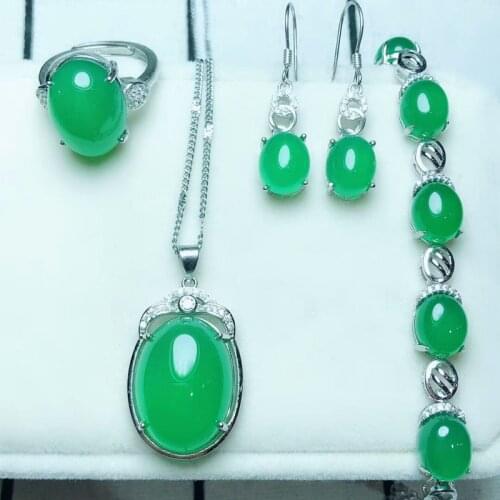 Fine Jewelry Natural 925 Silver Green Mosaic Jade Medullary Ring Pendant Earrings Bracelet Sets Women Party