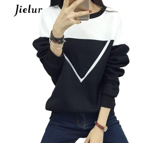 Jielur 2021 Cool Street Fashion Spell Color Black White Patchwork Womens Sweatshirt V-pattern Fleece Hoodies Female Loose M-XXL