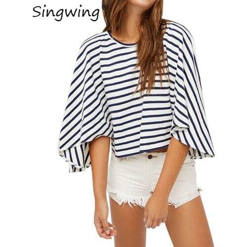 Singwing Striped Flare Sleeve T-shirts Women Casual Hollow out in Back T shirt Autumn O-Neck Loose type Tees Tops
