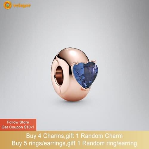 Volayer 925 Sterling Silver Blue Heart Solitaire Clip Charm fit Original Pandora Bracelets for Women Jewelry Making Gift