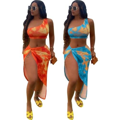 One Shoulder Tie Dye 2 Pieces Skirt Set Woman Summer Beach Wear Crop Top and Asymmetrical High Split Long Skirt 2021 Clothes