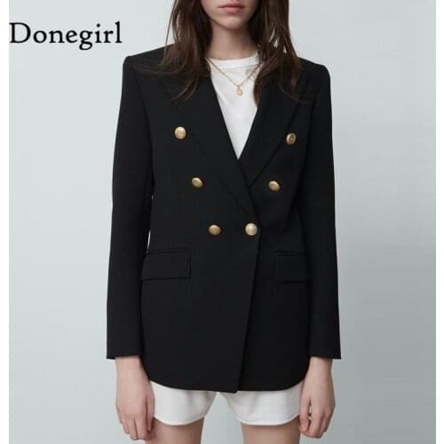 New 2021 Za Women Office Wear Black Blazer Coat Metal Double Breasted Vintage Jacket Female Long Sleeve Outerwear Chic Tops Coat