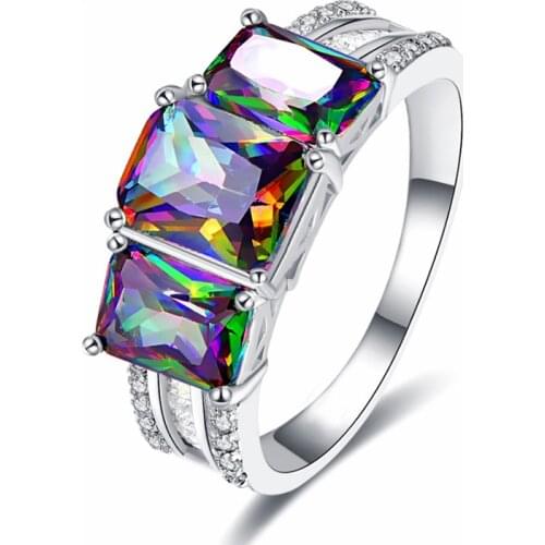 Beiver Luxurious Jewelry Mystic Multicolor Ring for Woman Purple Zircon Silver Color Ring Engagement Jewelry Gift Size 6 7 8 9