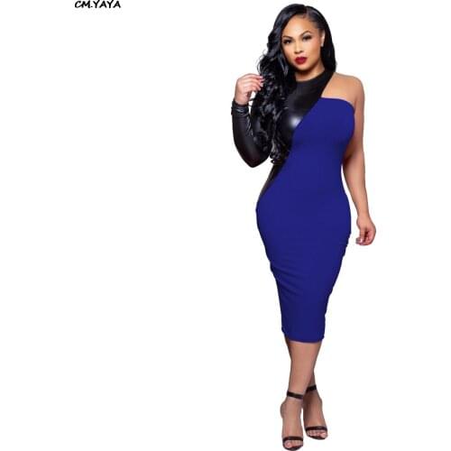 Women faux leather one shoulder patchwork o-neck bodycon bandage skinny pencil knee length midi dress vestidos S-3XL WY6532