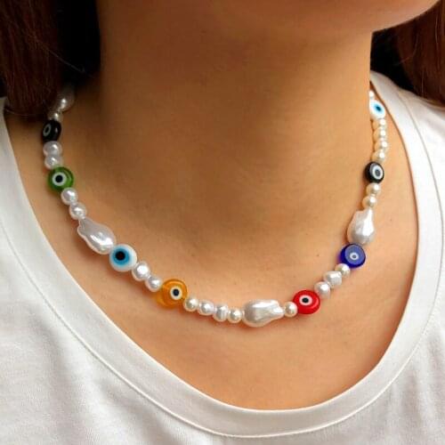 Irregular Pearl Personality Angel Eyes Bohemian Necklaces For Women Summer Beach Neck Chain Boho Choker Necklace Jewelry Gifts