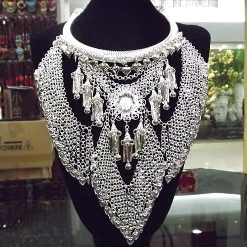 LosoDo Ethnic style retro Miao silver large collars accessorie necklace for women vintage flower tassel elegant pendant jewelry