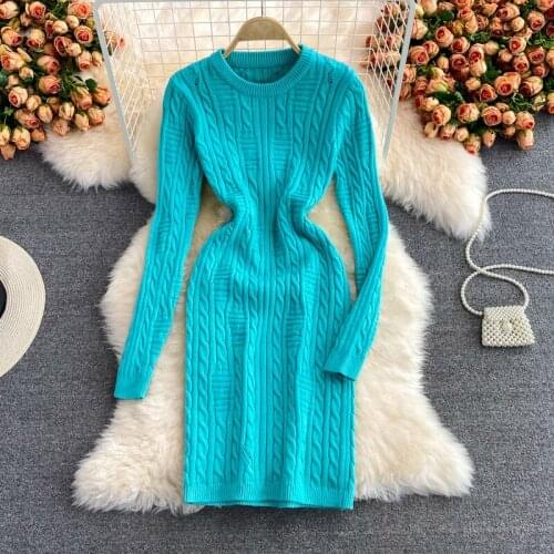 New Chic Twist Knitted Dress Women 2021 Autumn Winter Long Sleeve O-neck Slim Bodycon Dress Korean Fashion Female Sweater Dress