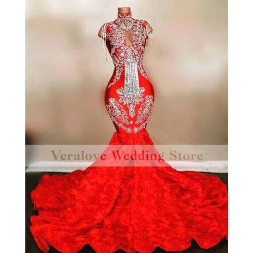 High Neck Mermaid Prom Dress for Party Red Beads Appliques Robes De Soiree Longue Night Gown Abendkleider 2022