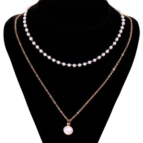 12 Pieces/Lot Simulated Pearl Choker Necklace Jewelry Silver Gold Color Metal Charm Double Layer Chain Beads Pendant For Women