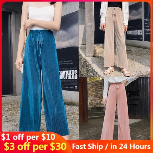 2021 Loose moped womens pants letter high waist straight straight ice silk chiffon TB waist pleated wide-legged pants women